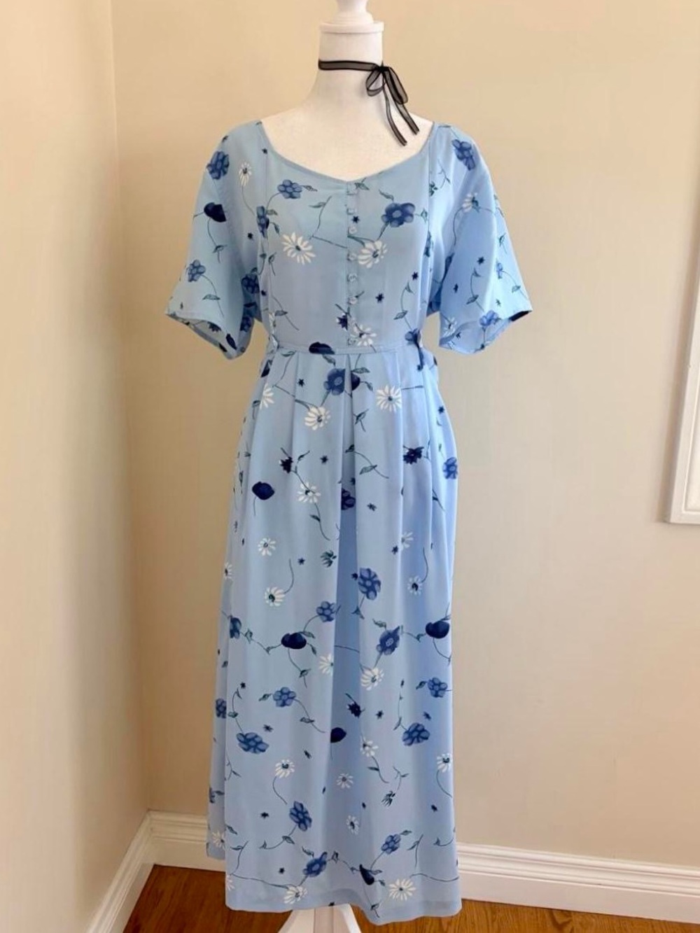 Vintage 90s blue floral cottagecore babydoll maxi midi dress tie back 16 XL